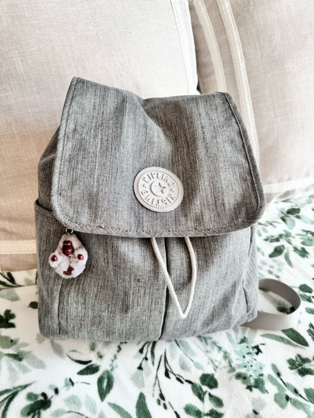 Kipling Light Gray Mini Backpack with Monkey Keychain